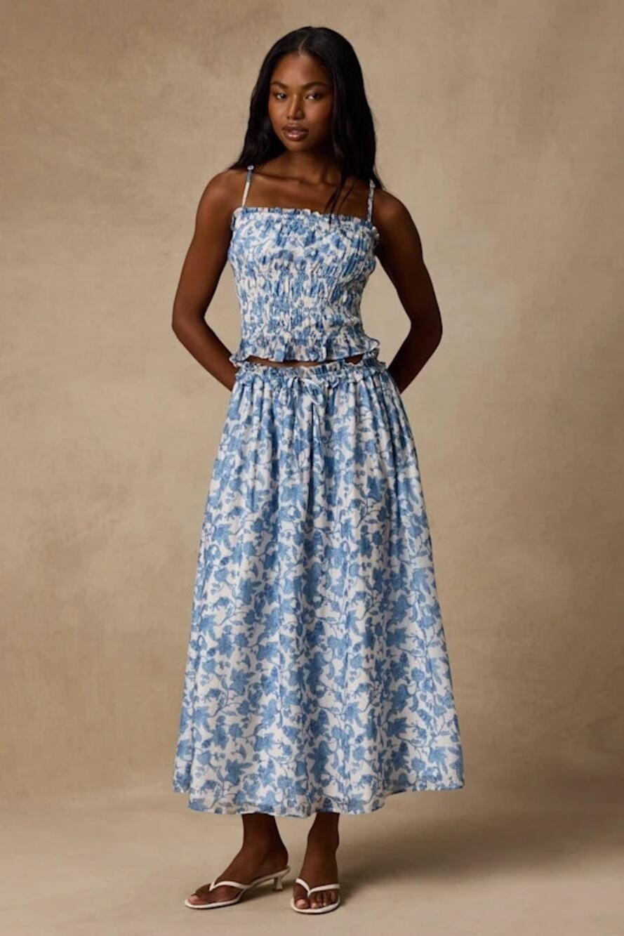 NWT Lulus Denarius White and Blue Leaf Print Two-Piece Midi Dress Set M